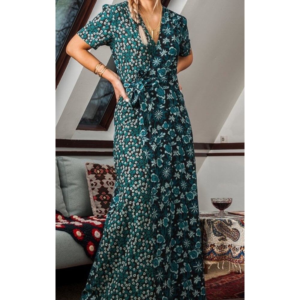 Mata Traders Cotton Maxi Wrap Dress — S Jade Poplin Floral Block-Print Boho